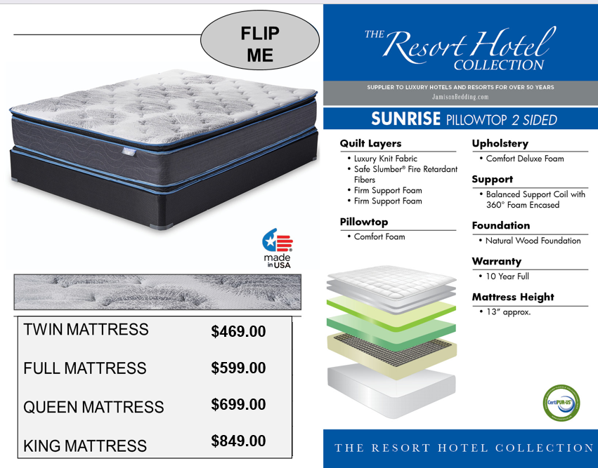 new Jamison Sunrise two-sided pillowtop mattress. Available in twin, twin-xl, full, queen and king sizes.