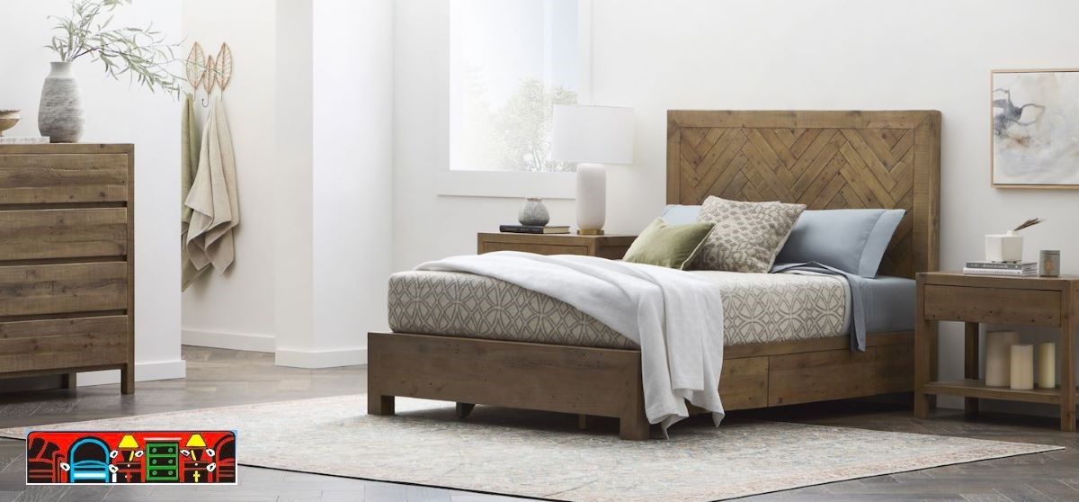 The Barne Bedroom Collection features solid wood construction, Chevron panels, and a natural color. It includes a platform bed with storage options and is available at Bratz-CFW in Fort Myers, FL.