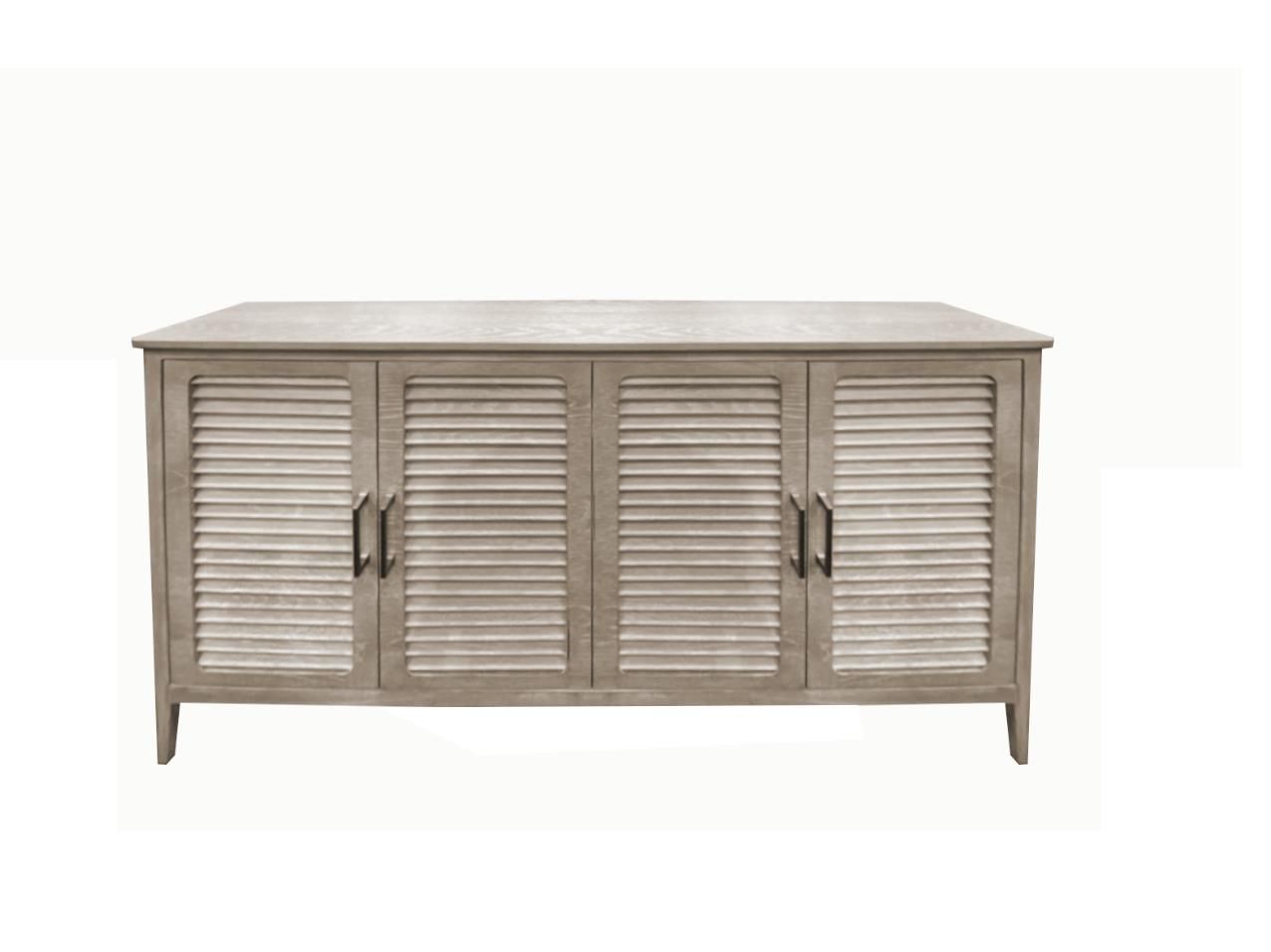 glazed driftwood color 4-door console with louver front panels and iron pulls