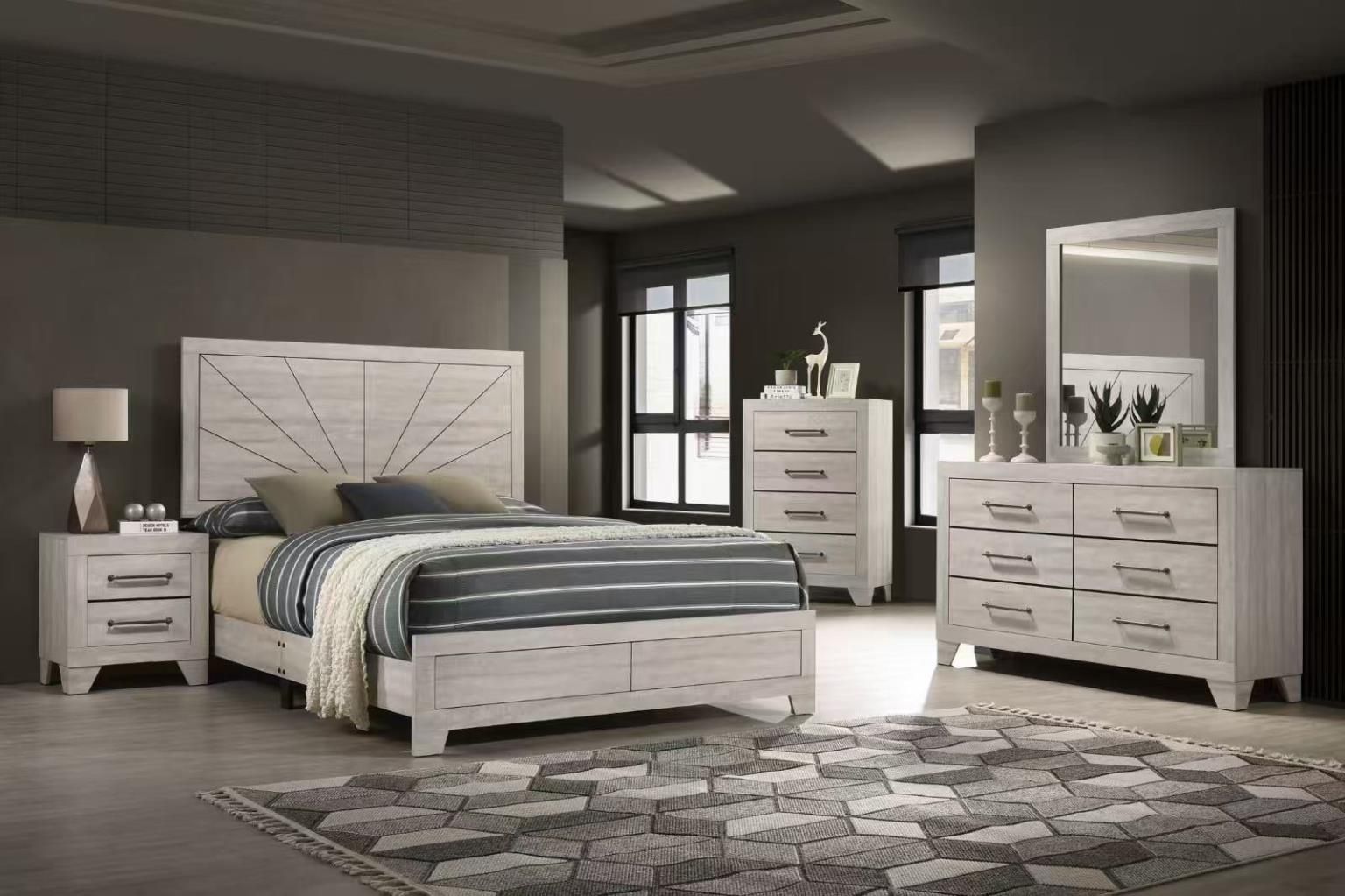 whitewash wood bedroom with a sun pattern headboard. 6-drawer dresser, mirror, 4-frawer chest and 2-drawer nightstand