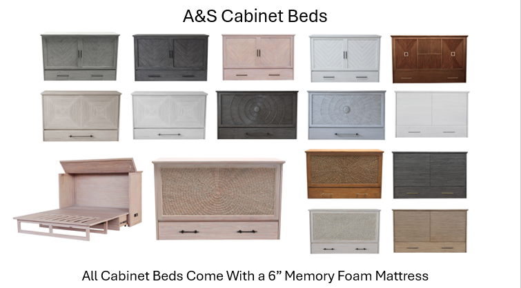 multiple cabinet beds / murphy beds. Different colors, different styles.