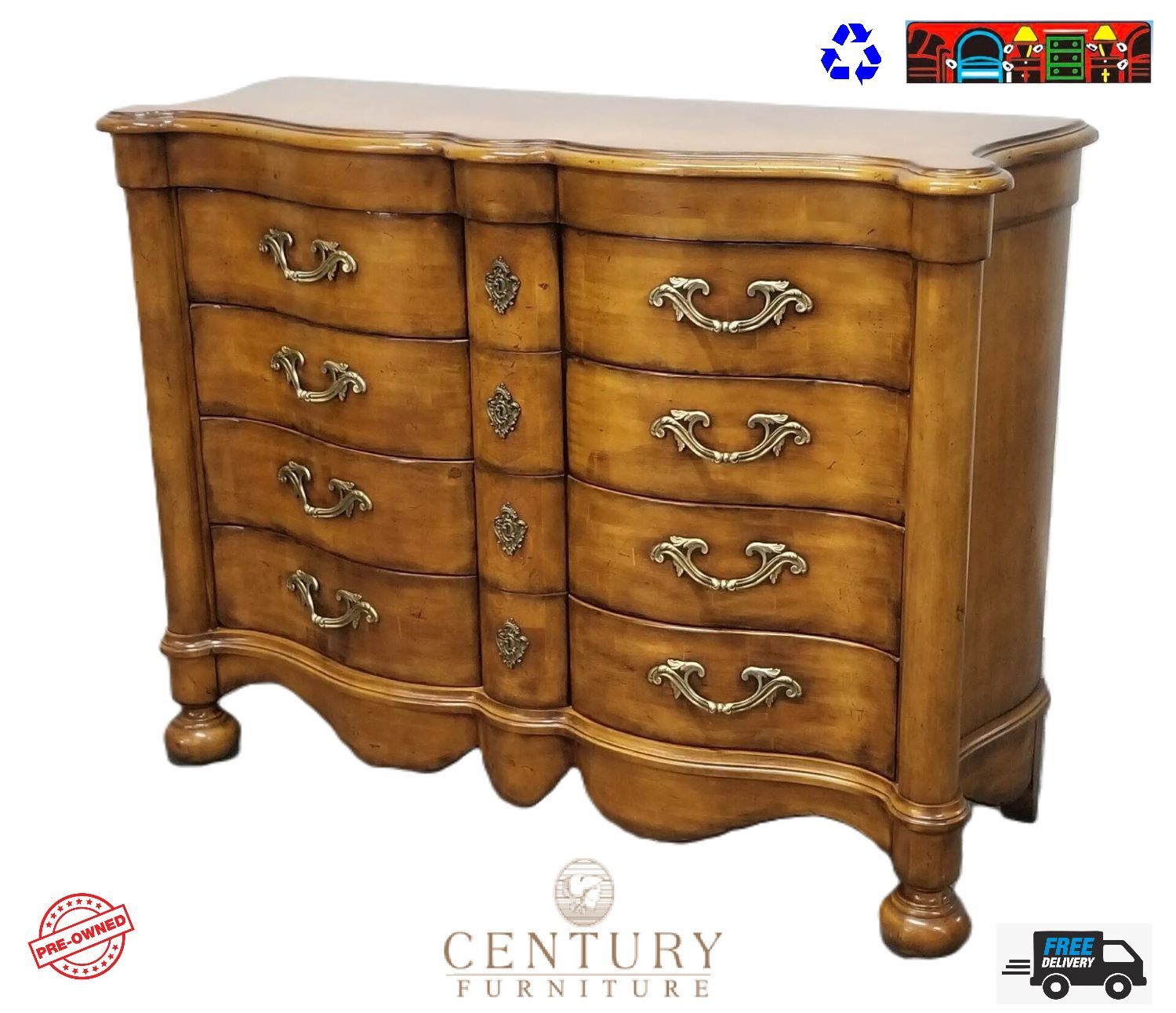 used colonial maple finish 8 drawer french provincial dresser with gold painted iron handles for sale at bratz-cfw/fort myers fl.