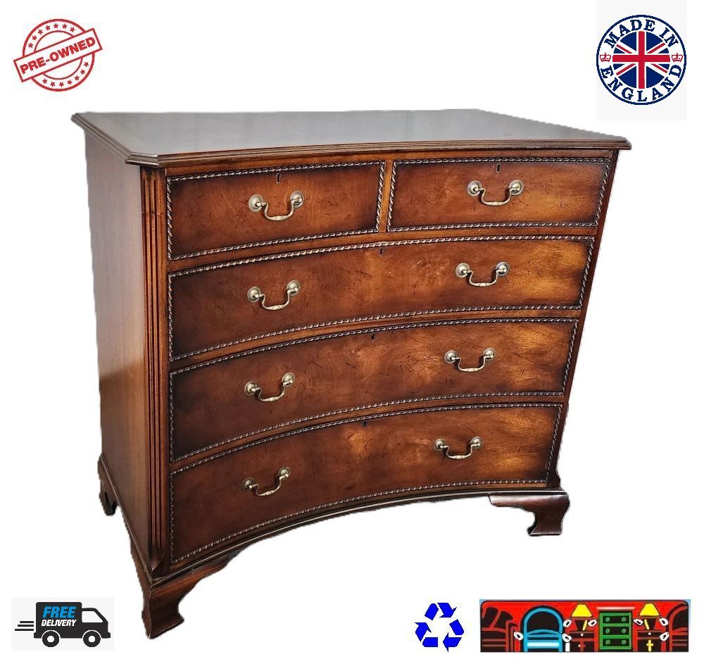 Concaved Swirl mahogany 5 drawer chest with ant-brass hardware.