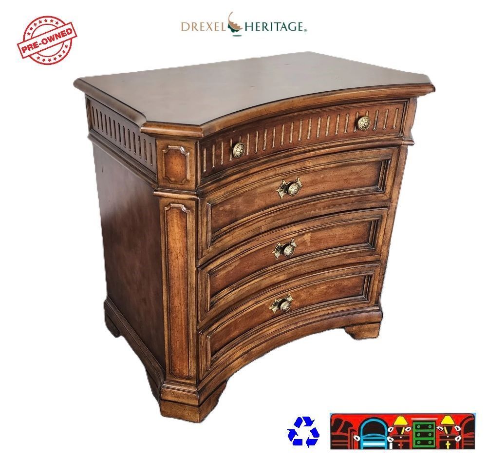 medium brown 4 drawer chest with curved front and brass hardware