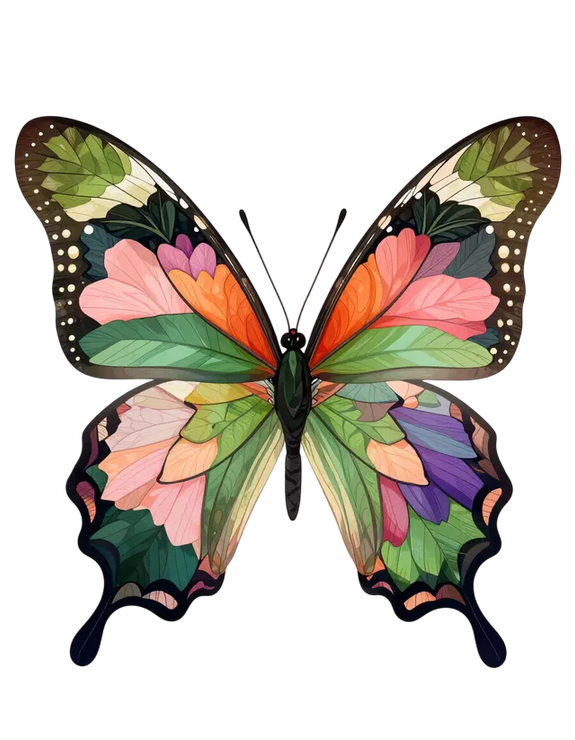 Mariposa colorida con alas estilo acuarela en rosa, naranja, verde, morado y negro sobre un fondo blanco.