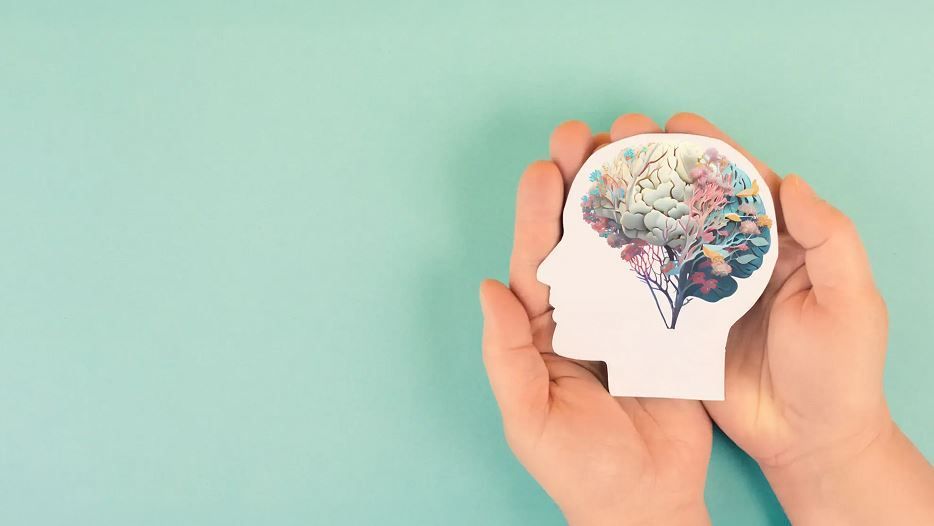 Manos sosteniendo una cabeza blanca recortada con una colorida ilustración de un cerebro sobre un fondo menta.