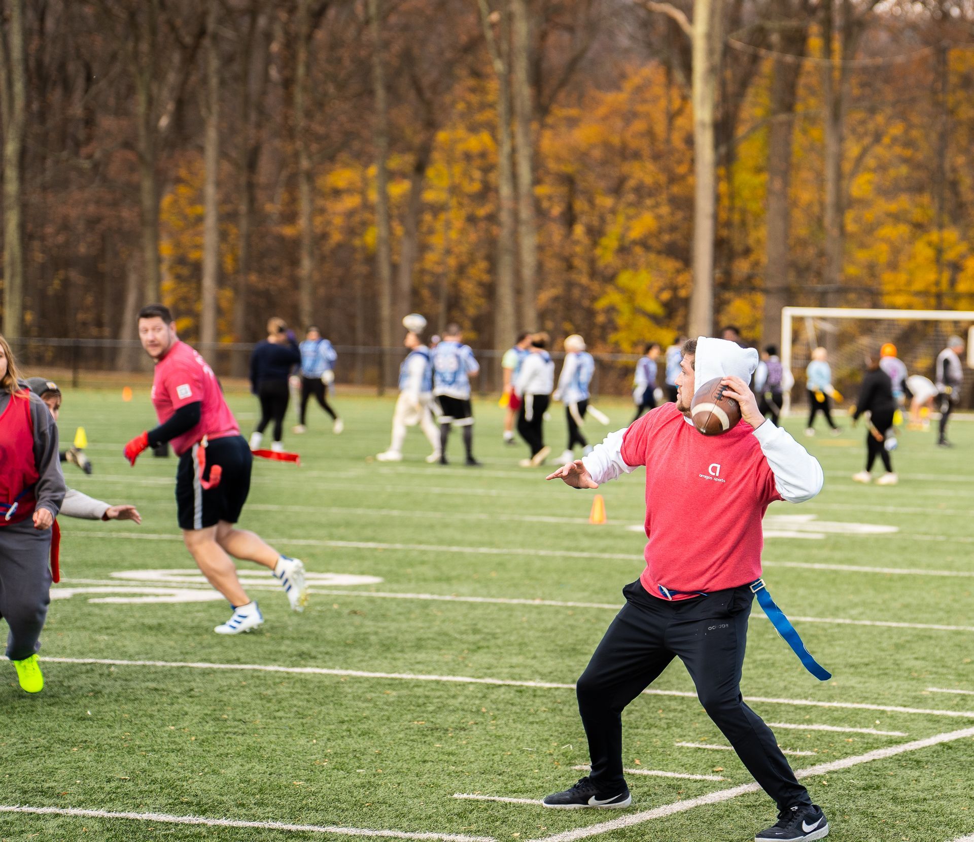 Adult flag football league game in Morris County, New Jersey