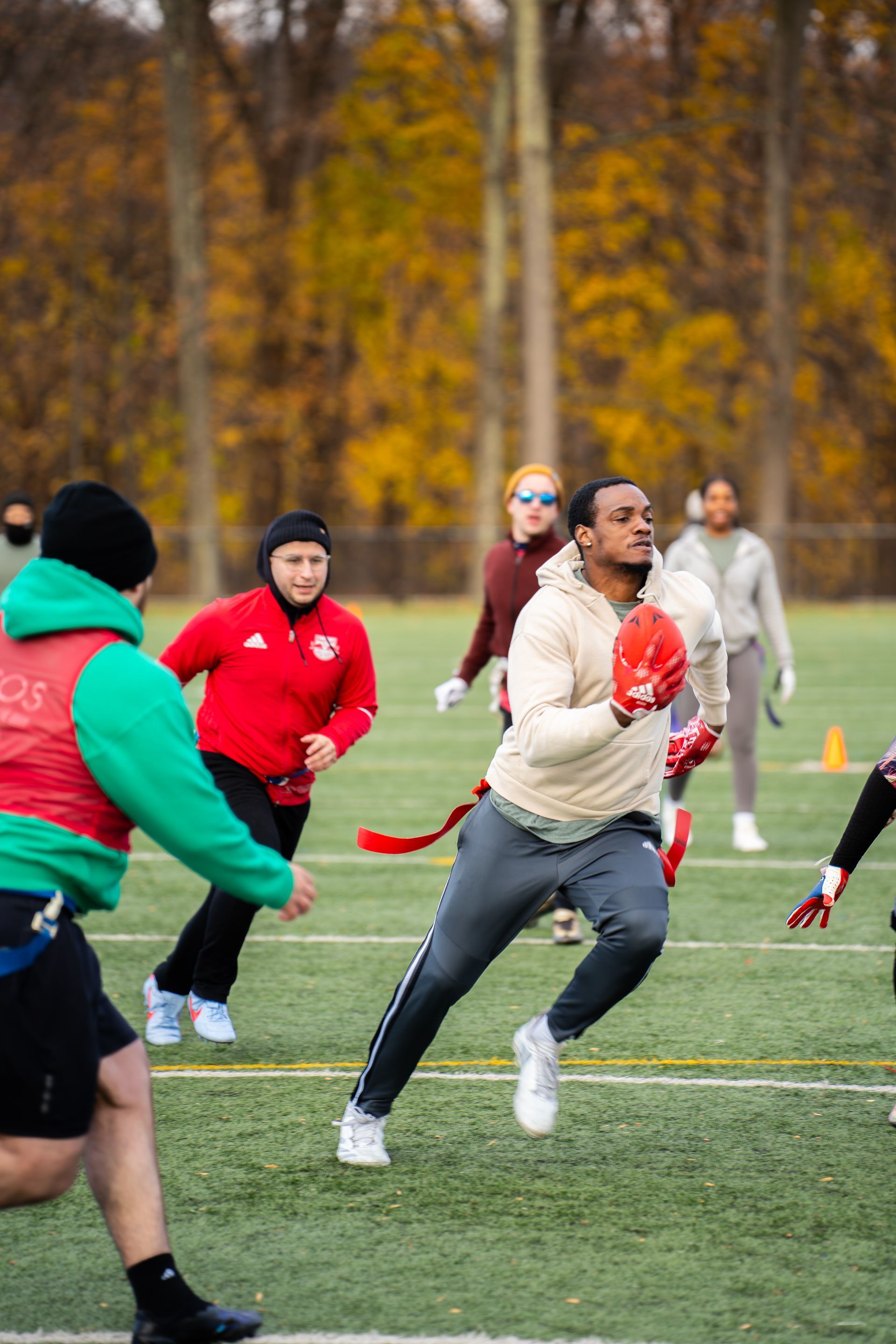 Adult flag football league game in Morris County, New Jersey