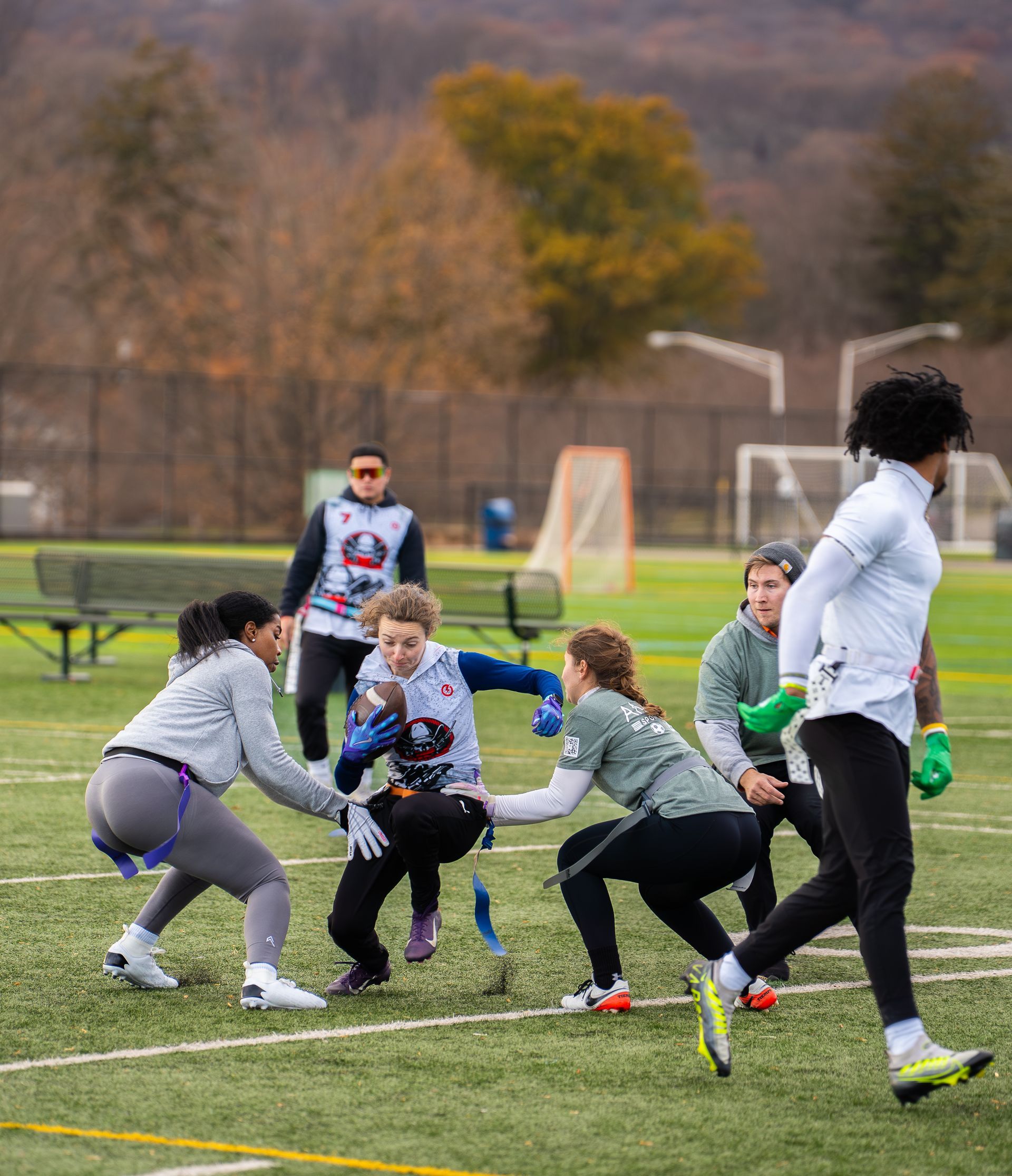 Adult flag football league game in Morris County, New Jersey