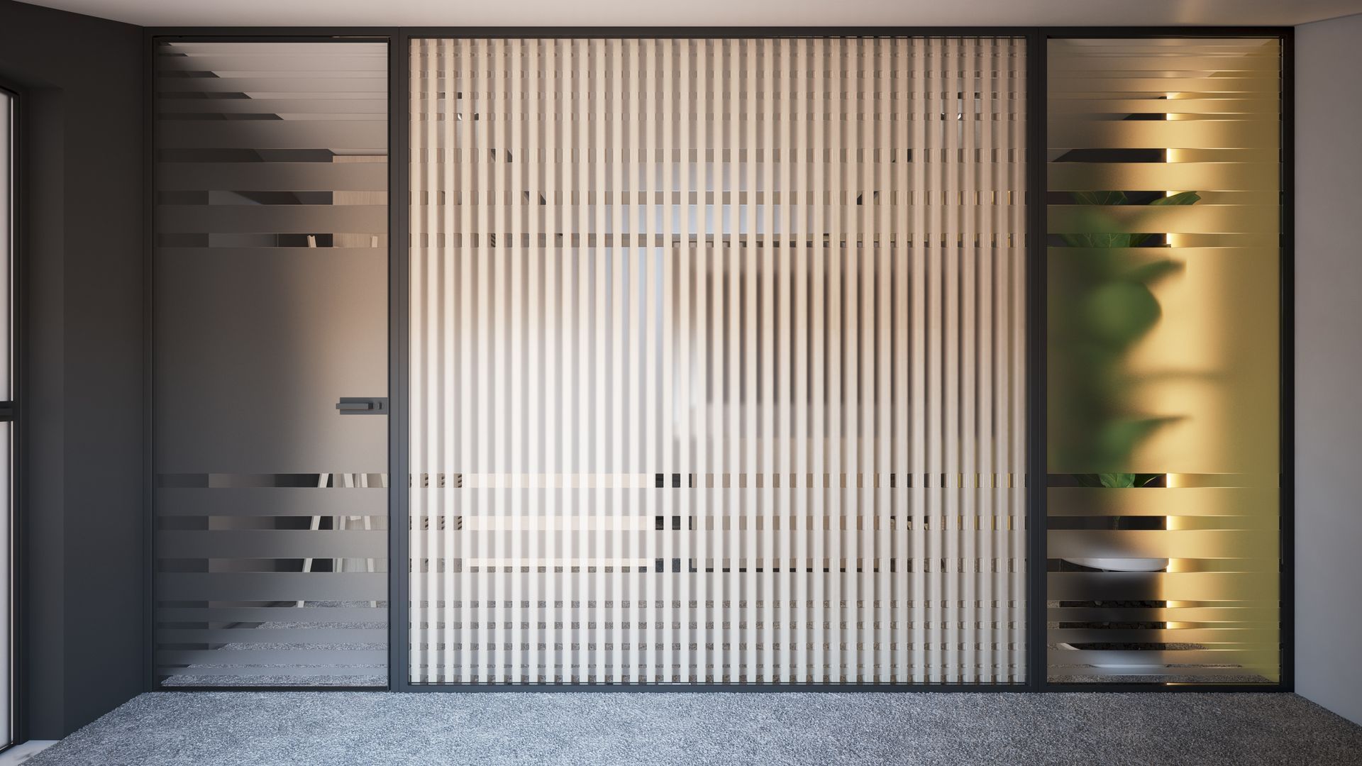 Una stanza con una porta scorrevole in vetro e una parete di legno.