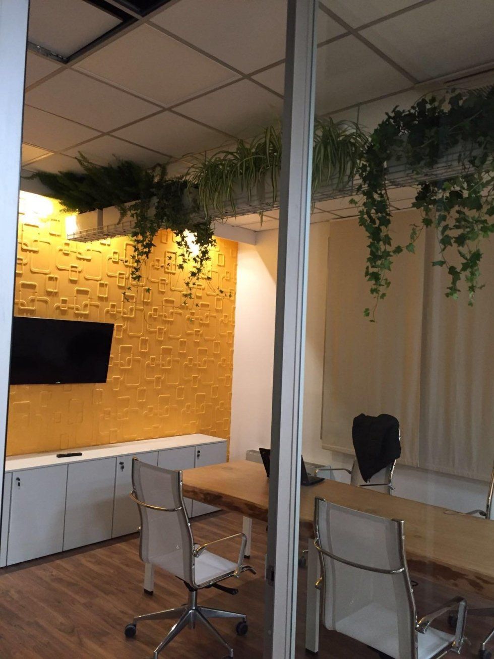 Una sala conferenze con tavolo, sedie e piante appese al soffitto