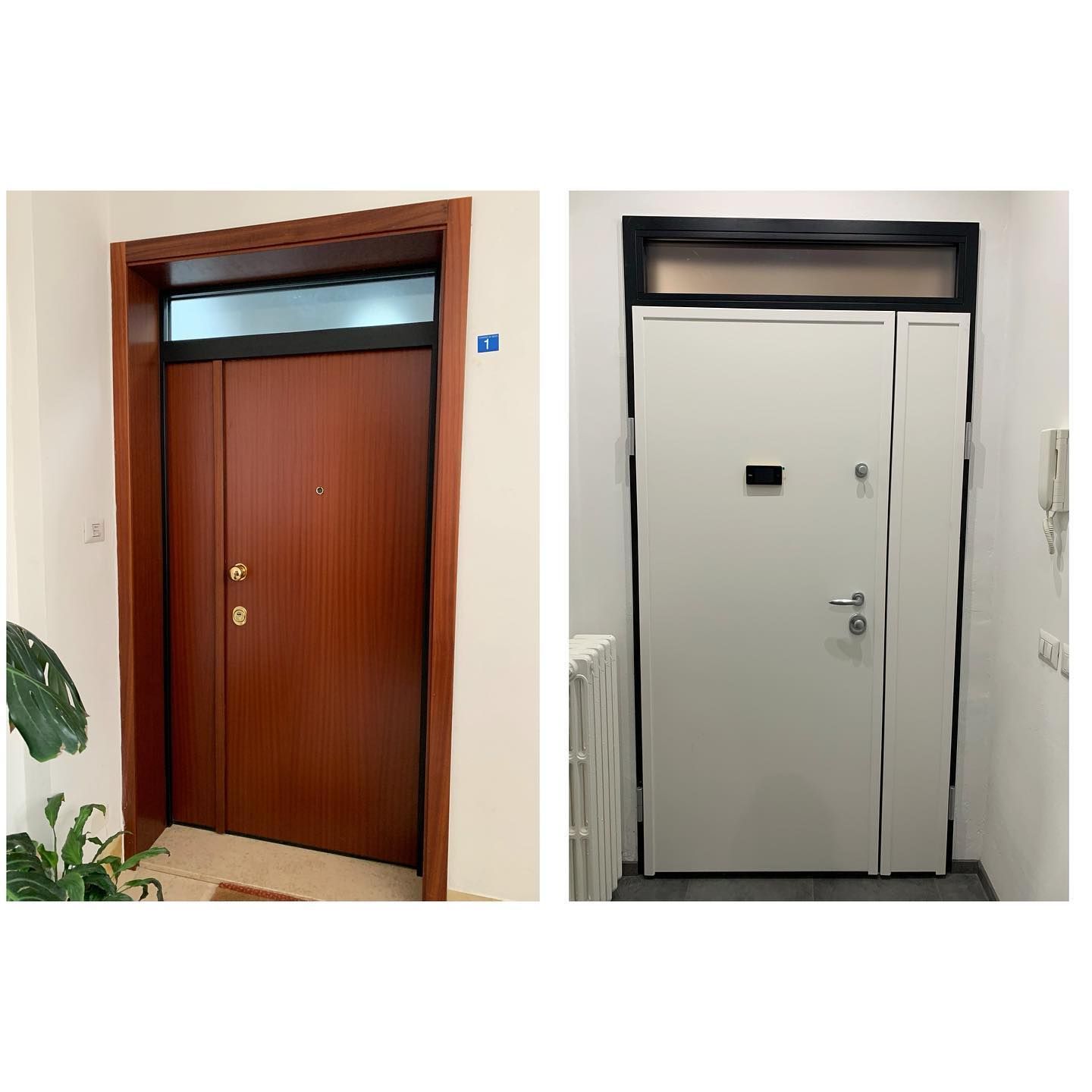 Due porte affiancate: una porta di legno marrone e una porta bianca, entrambe con una finestra sopra e inserite in un vano porta.