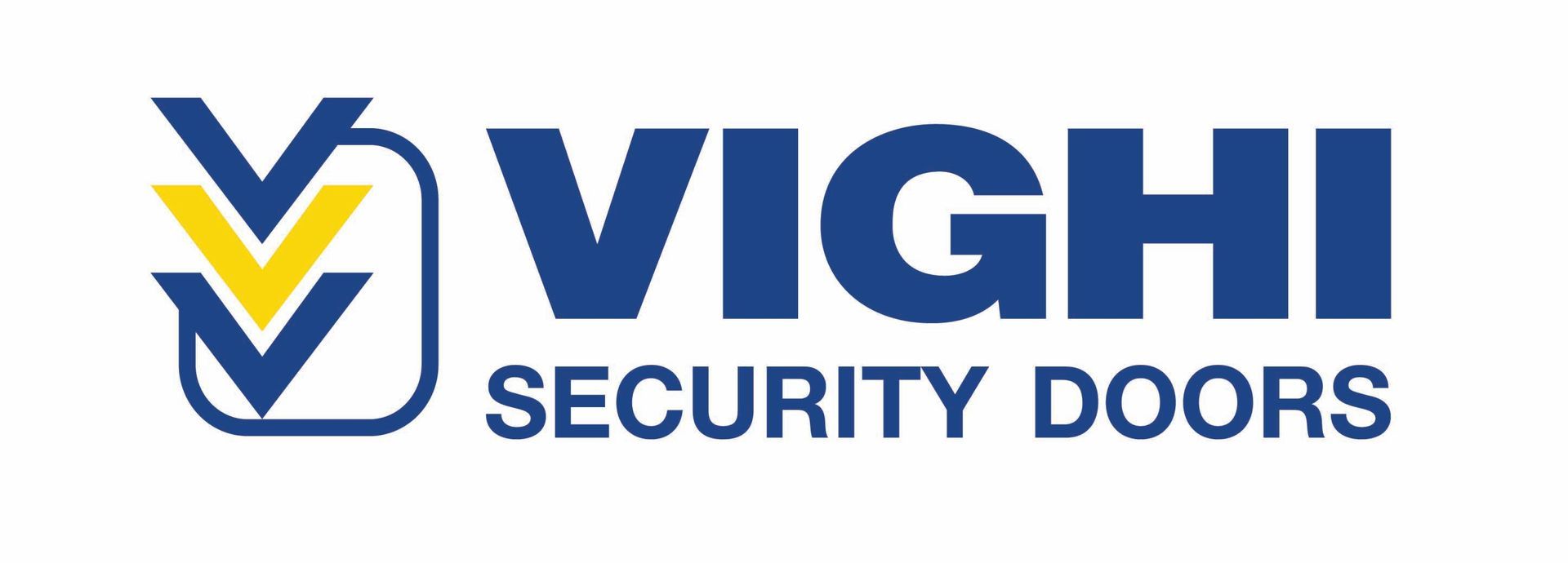 Logo per Vighi Security Doors. Logo blu, giallo e bianco con la scritta 