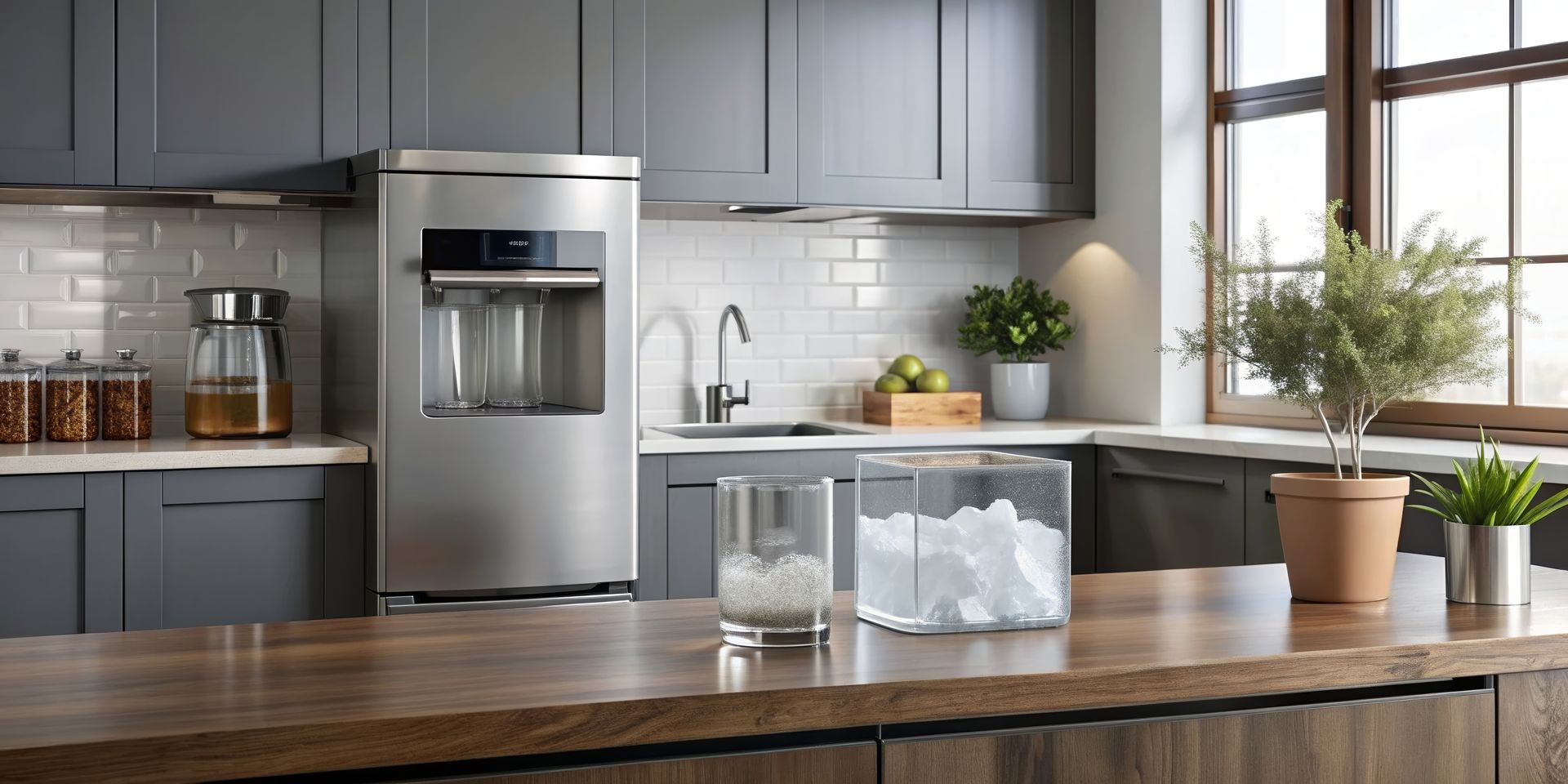 Kitchen with stainless steel refrigerator and counter with ice cubes, potted plant. Gray cabinets, neutral colors.