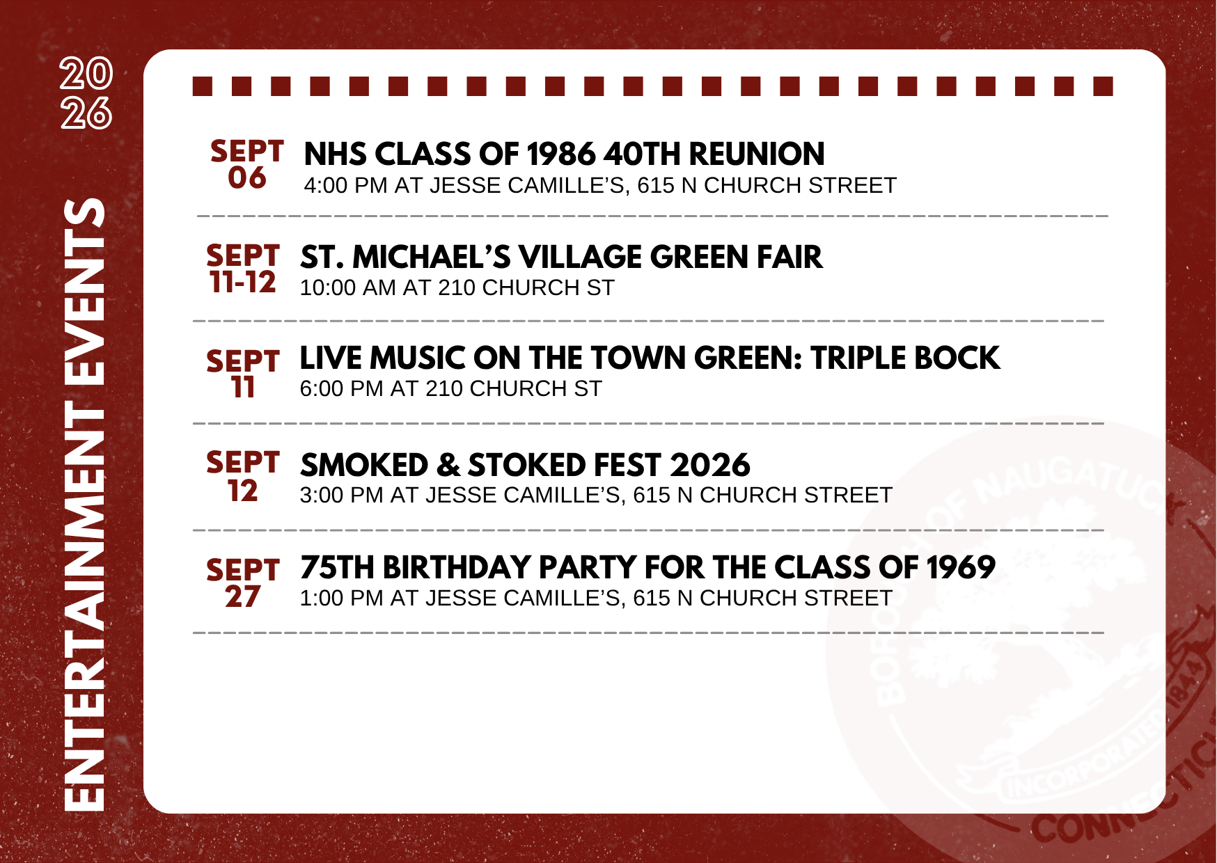 Flyer with the dates, hours, and places of arts and entertainment events in Naugatuck, Connecticut