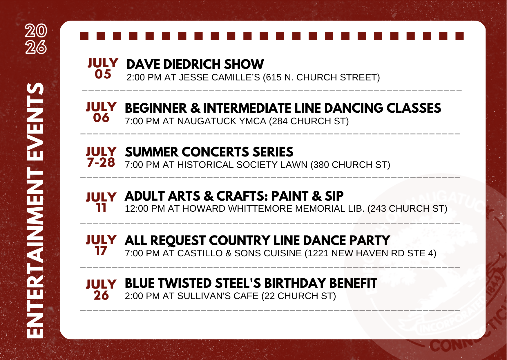 Flyer with the dates, hours, and places of arts and entertainment events in Naugatuck, Connecticut