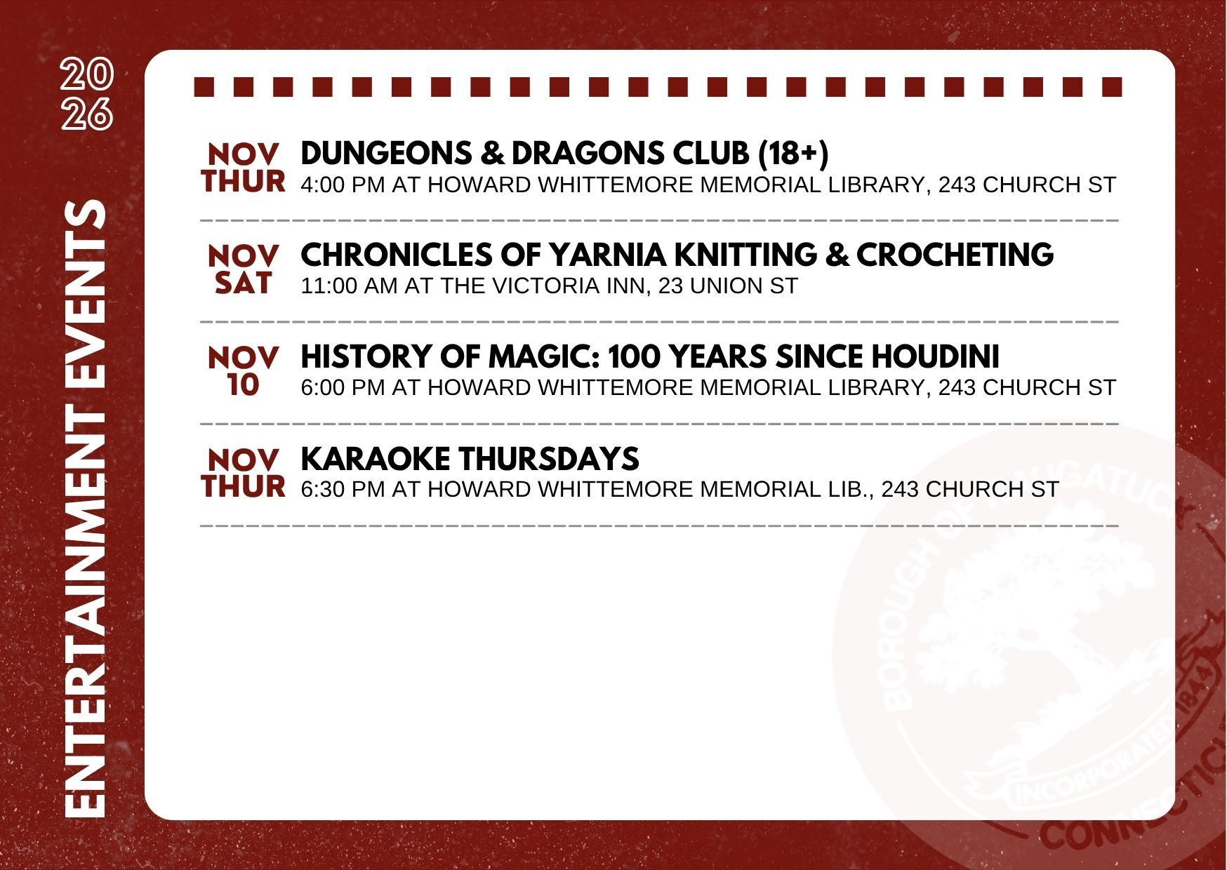 Flyer with the dates, hours, and places of arts and entertainment events in Naugatuck, Connecticut