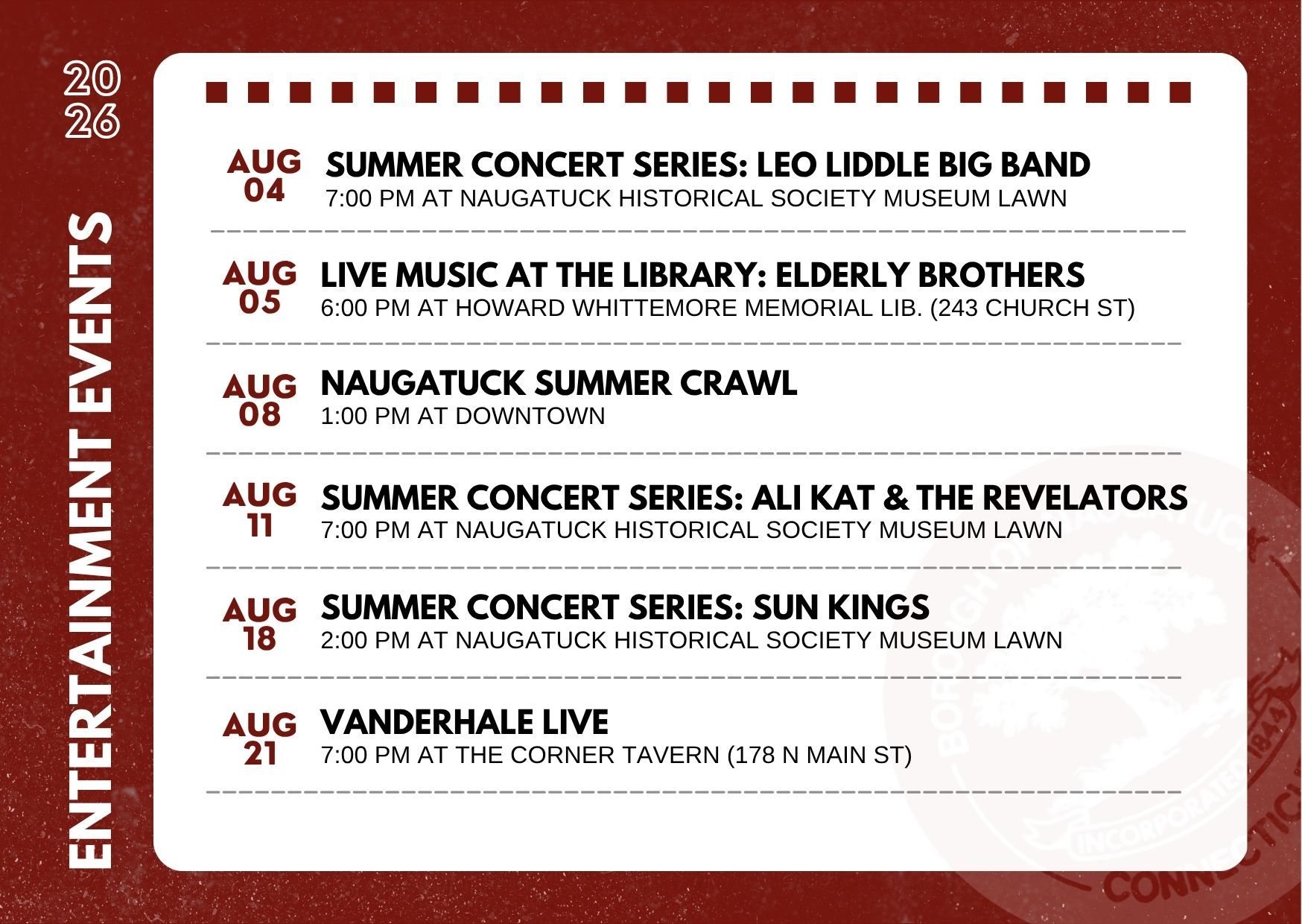 Flyer with the dates, hours, and places of arts and entertainment events in Naugatuck, Connecticut