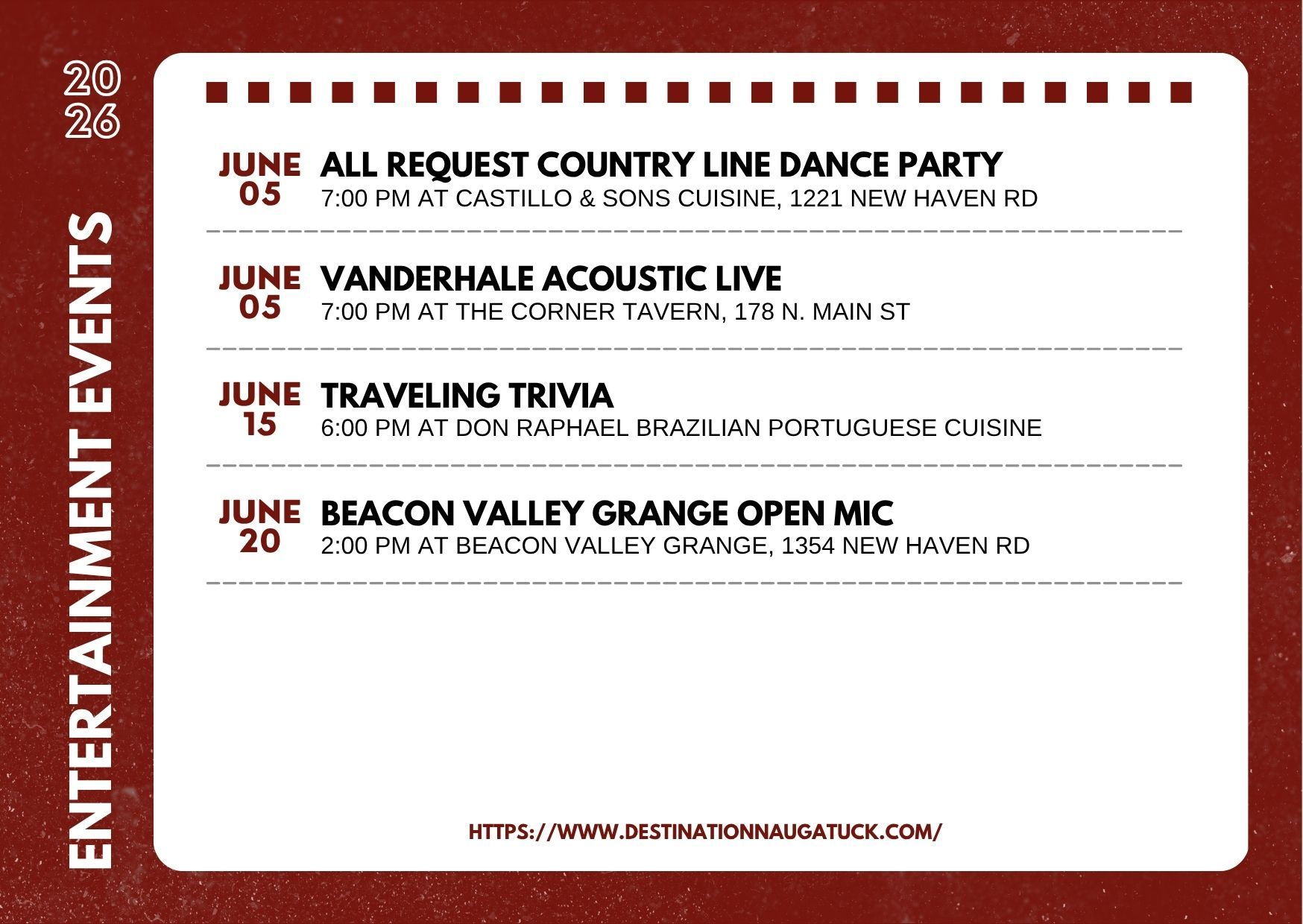 Flyer with the dates, hours, and places of arts and entertainment events in Naugatuck, Connecticut