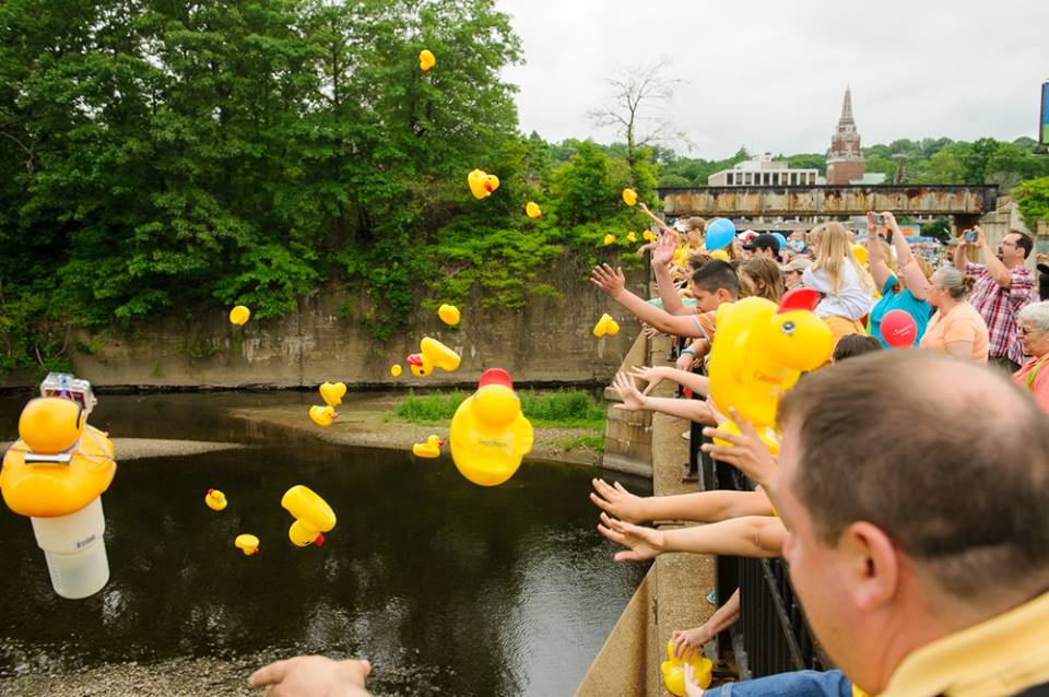 a group of people are throwing rubber ducks into a river .