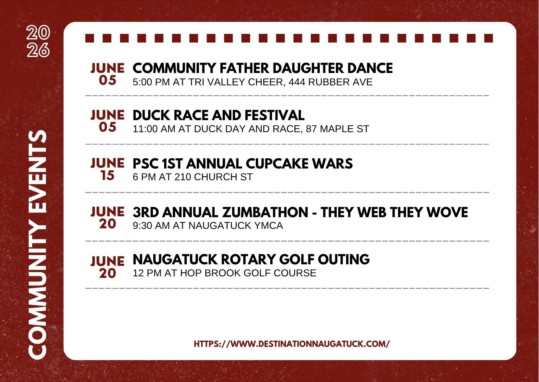 Flyer with the dates, hours, and places of community and fundraising events at Naugatuck