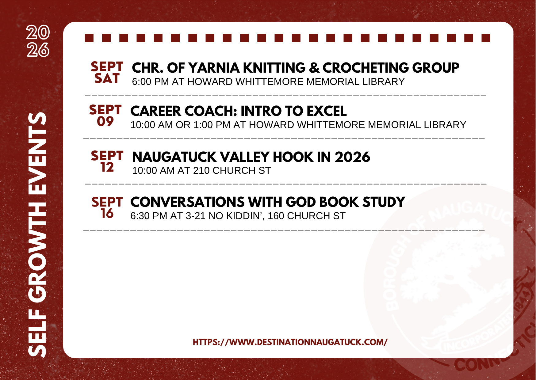 Flyer with the dates, hours, and places of professional and personal growth events at Naugatuck