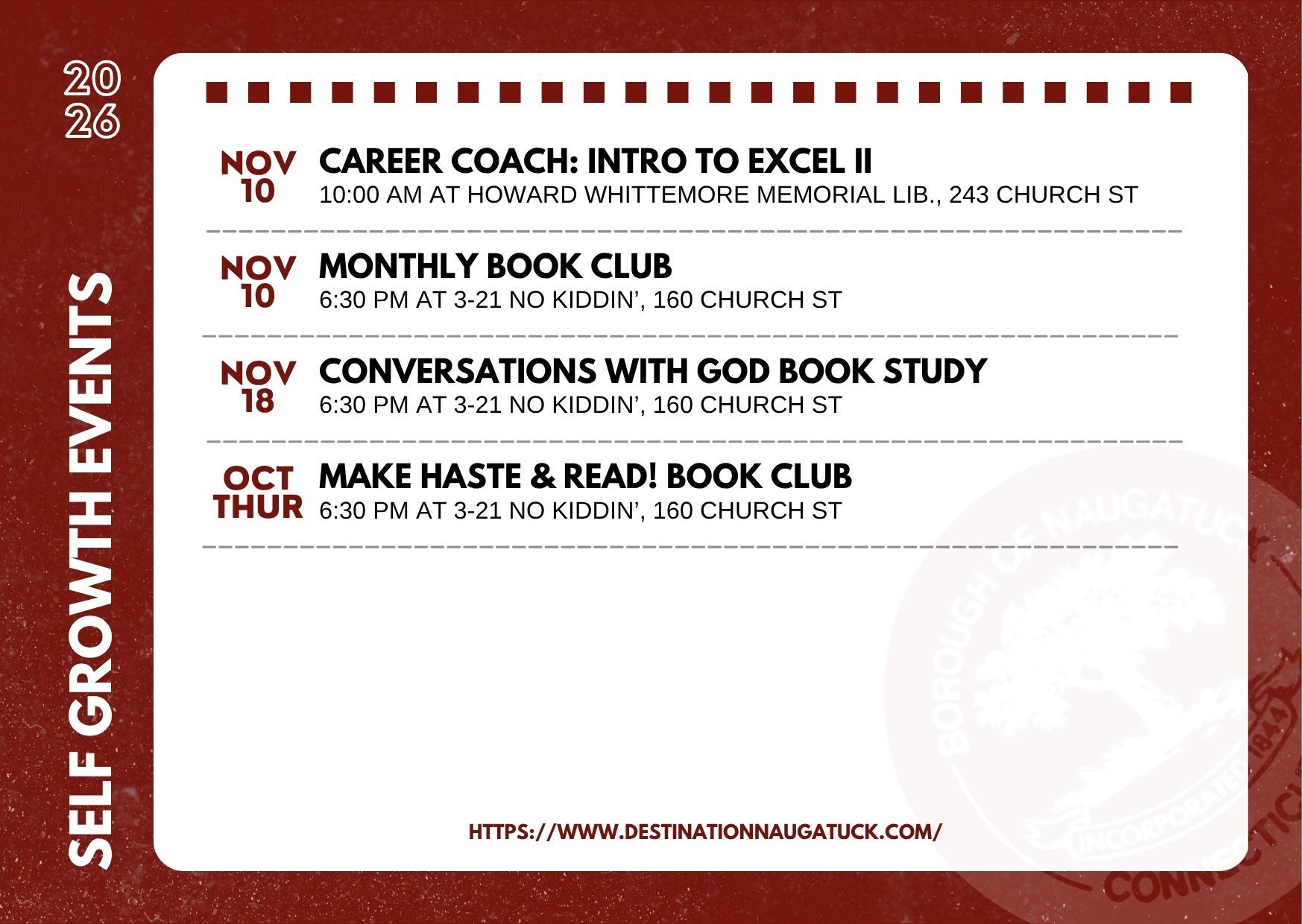 Flyer with the dates, hours, and places of professional and personal growth events at Naugatuck