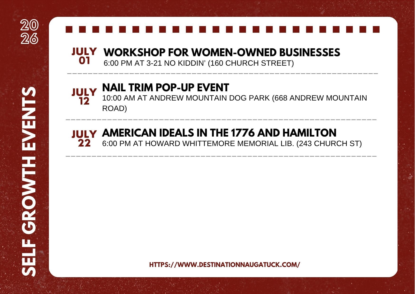 Flyer with the dates, hours, and places of professional and personal growth events at Naugatuck