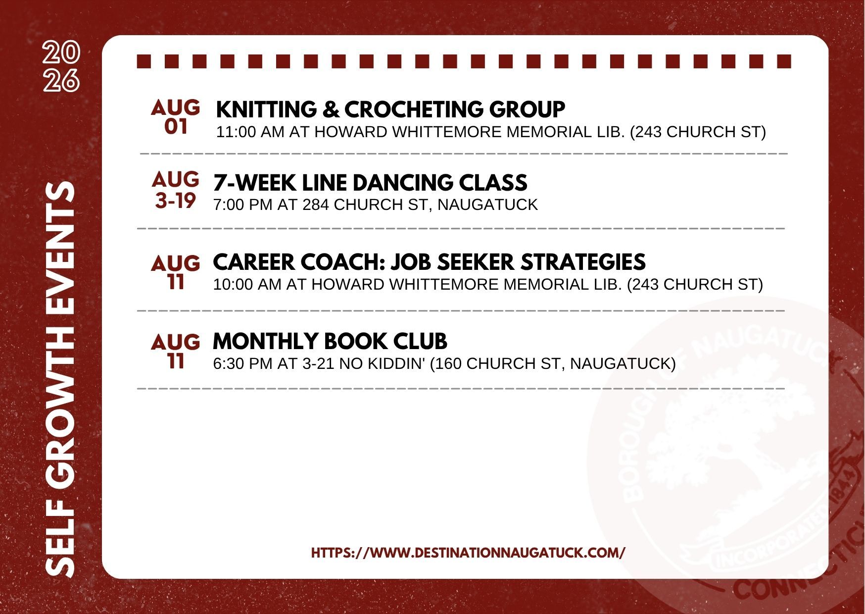 Flyer with the dates, hours, and places of professional and personal growth events at Naugatuck