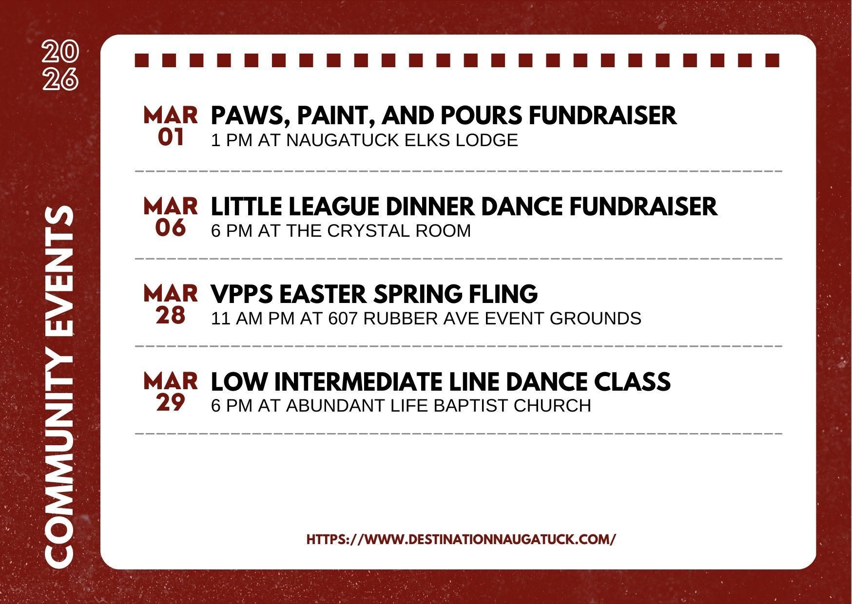 Flyer with the dates, hours, and places of community and fundraising events at Naugatuck