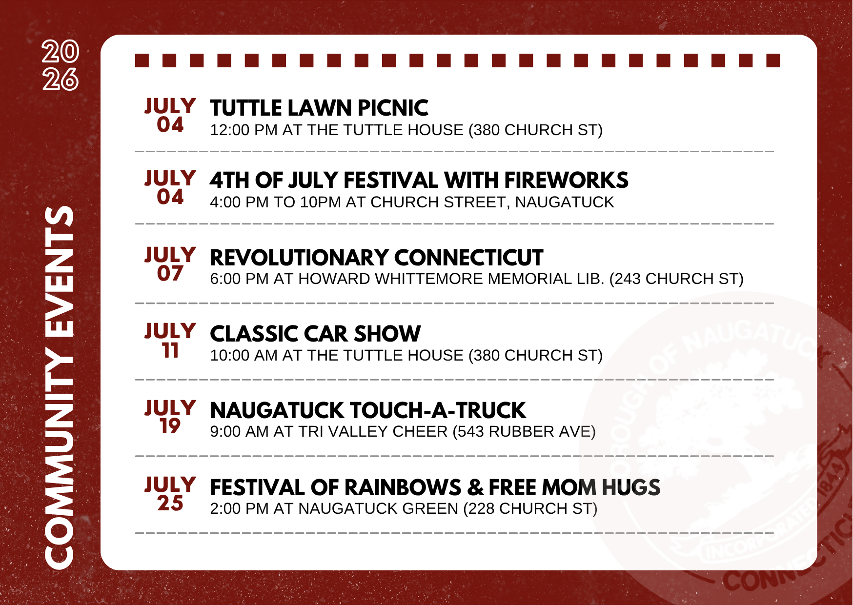 Flyer with the dates, hours, and places of community and fundraising events at Naugatuck