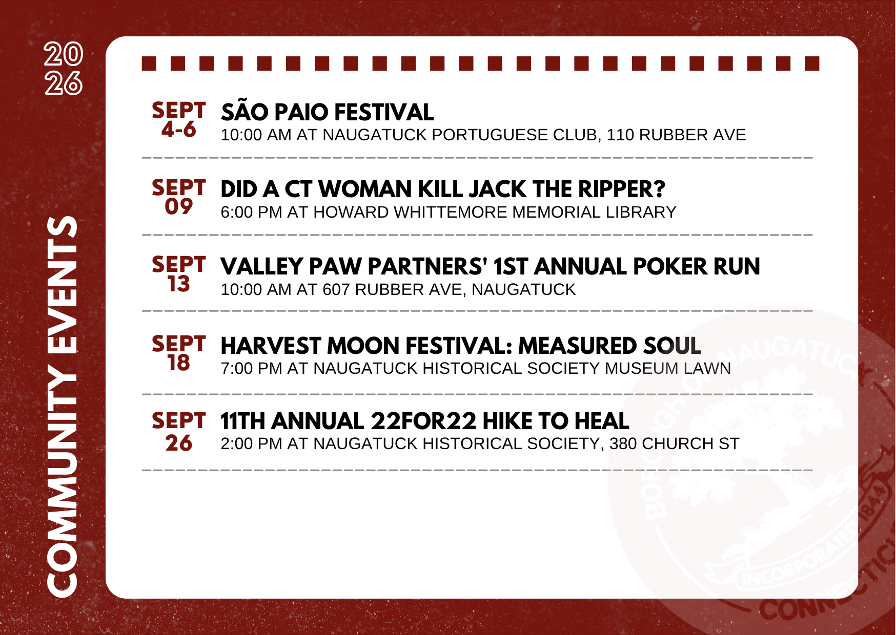 Flyer with the dates, hours, and places of community and fundraising events at Naugatuck