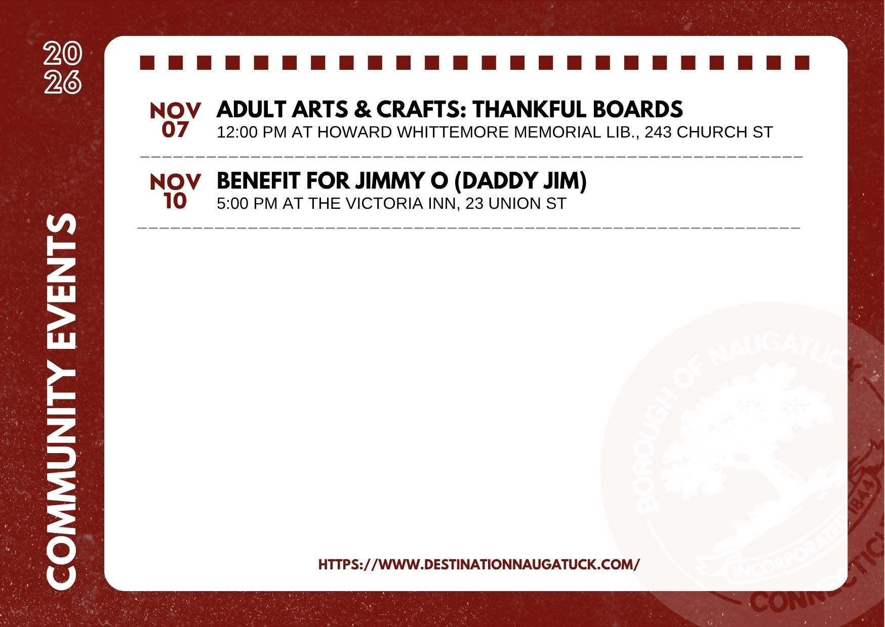 Flyer with the dates, hours, and places of community events at Naugatuck