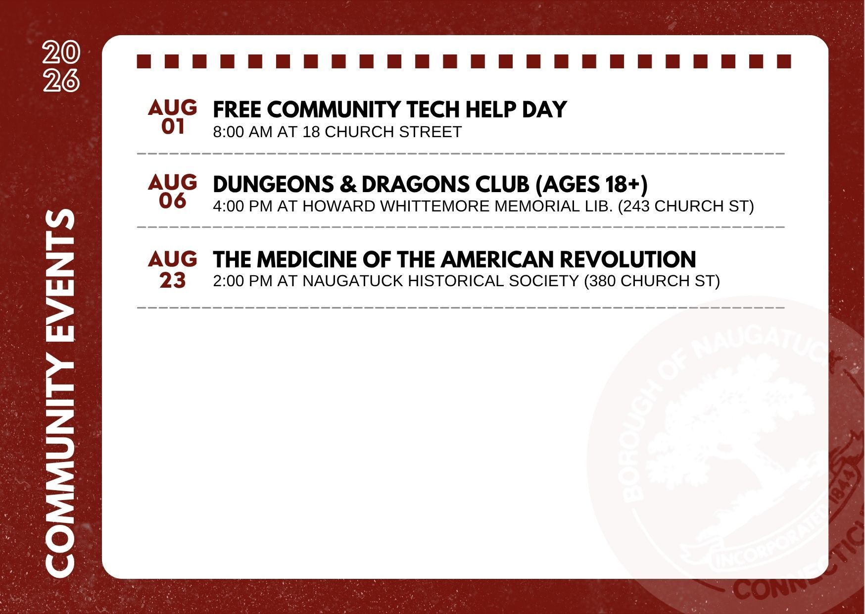 Flyer with the dates, hours, and places of community and fundraising events at Naugatuck