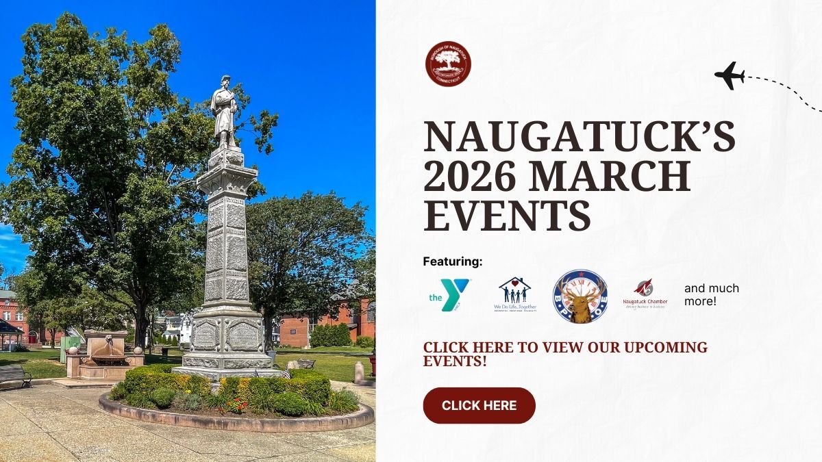 Stone monument in a park beside text announcing Naugatuck’s March 2026 events.