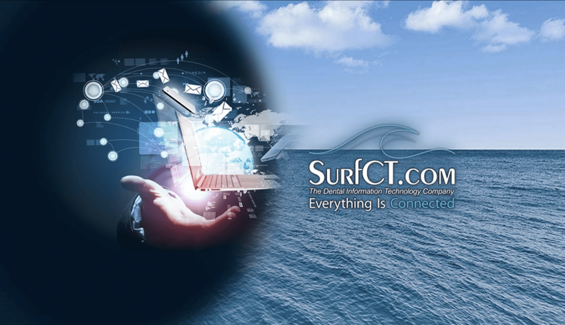 SurfCI.com banner with a hand holding a glowing laptop over a blue ocean under a cloudy sky.