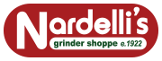 a red and white logo for nardell 's grinder shoppe