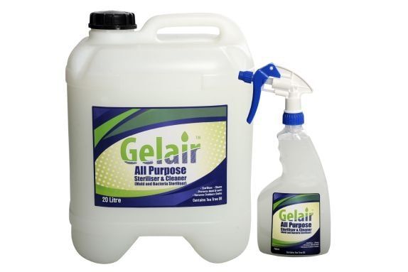A Bottle of Gelair All Purpose Cleaner Next to a Spray Bottle — Tea Tree Solutions in Manunda, QLD