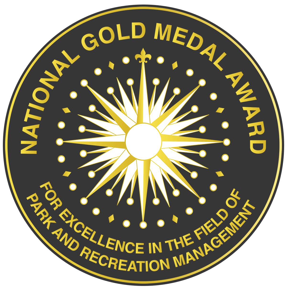 National Gold Medal Award emblem for park and recreation management with gold starburst on dark background