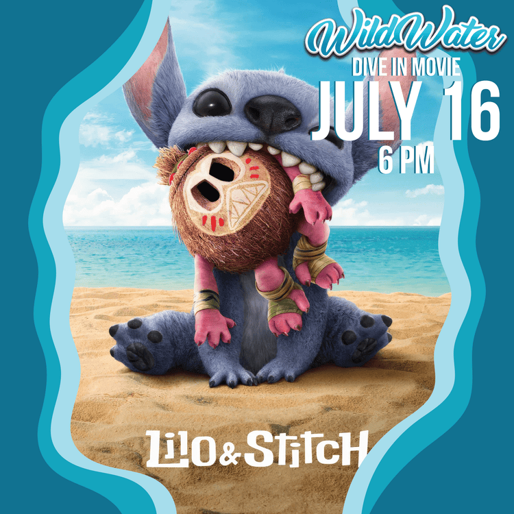 Lilo & Stitch movie promo featuring Stitch holding a coconut on a beach, with “Dive in Movie July 16, 6 PM” text.
