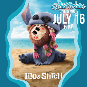 Lilo & Stitch movie promo featuring Stitch holding a coconut on a beach, with “Dive in Movie July 16, 6 PM” text.