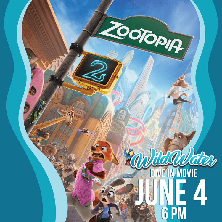 Zootopia 2 Wild Water promo poster with Judy and Nick, bright city scene, June 4 at 6 PM