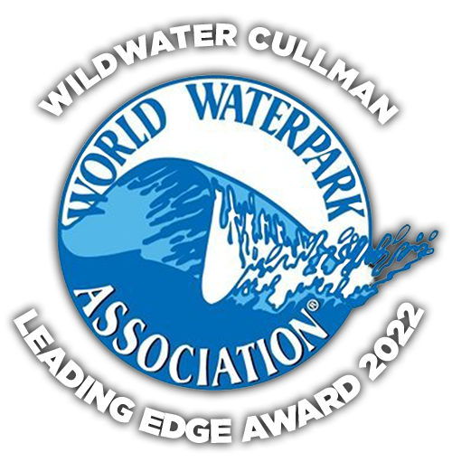 Wildwater Cullman World Waterpark Association Leading Edge Award 2022 logo with blue wave and splash
