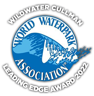 Wildwater Cullman World Waterpark Association Leading Edge Award 2022 logo with blue wave and splash