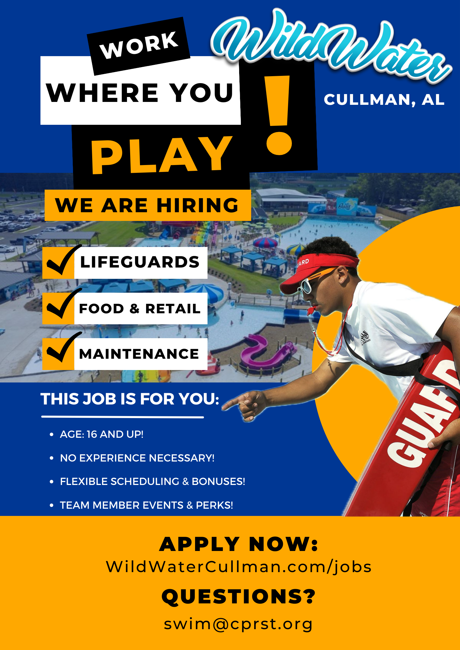 WildWater Cullman hiring poster for lifeguards, food & retail, and maintenance, with lifeguard on duty.