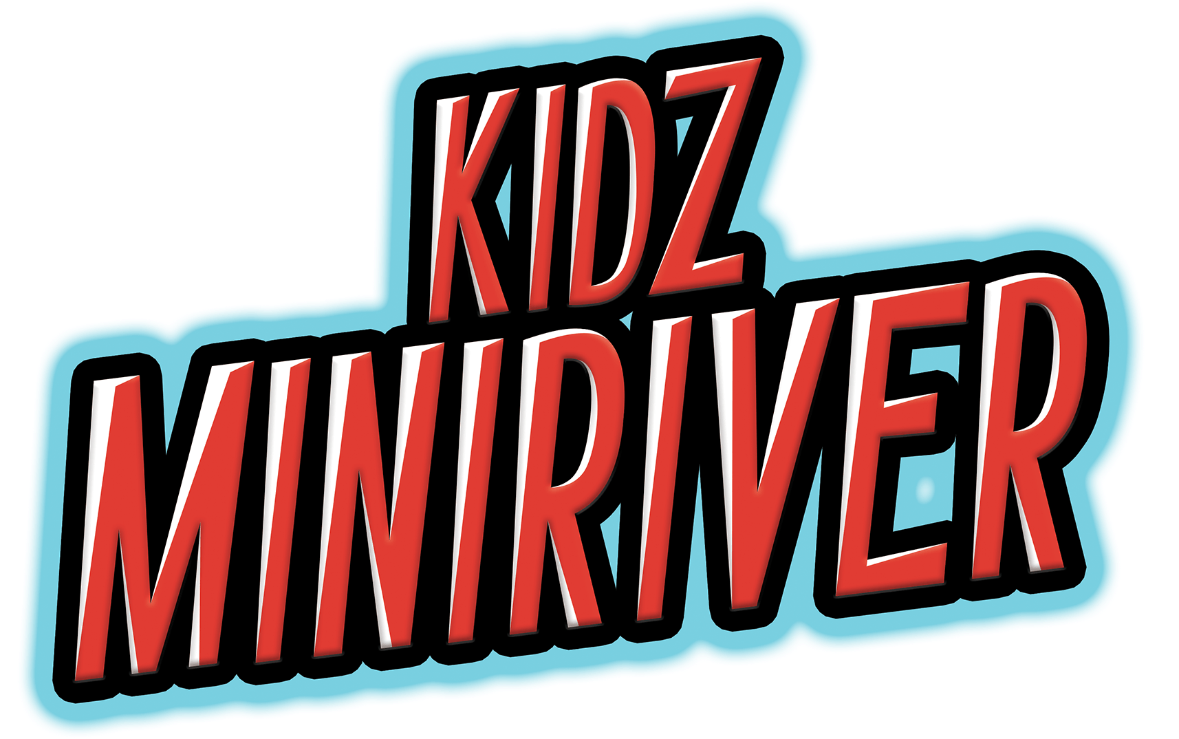 Stylized red “KIDZ MINIRIVER” text with black shadow and blue outline on a white background