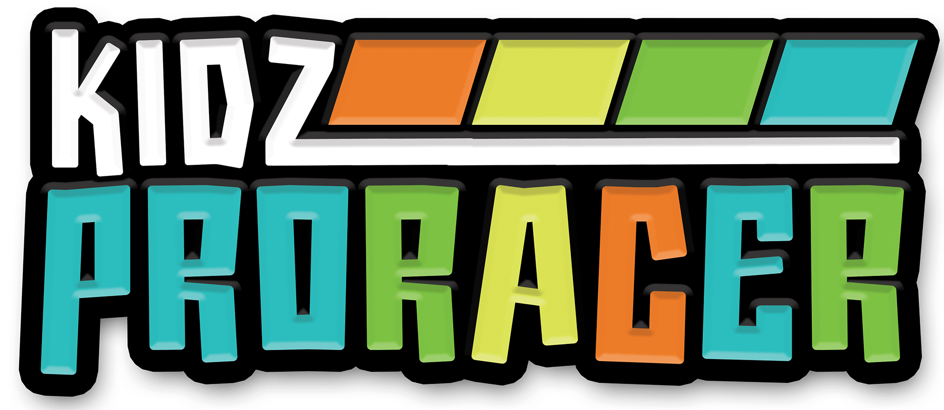 Kidz Pro Racer logo in bold teal and green letters with orange and blue racing stripes above
