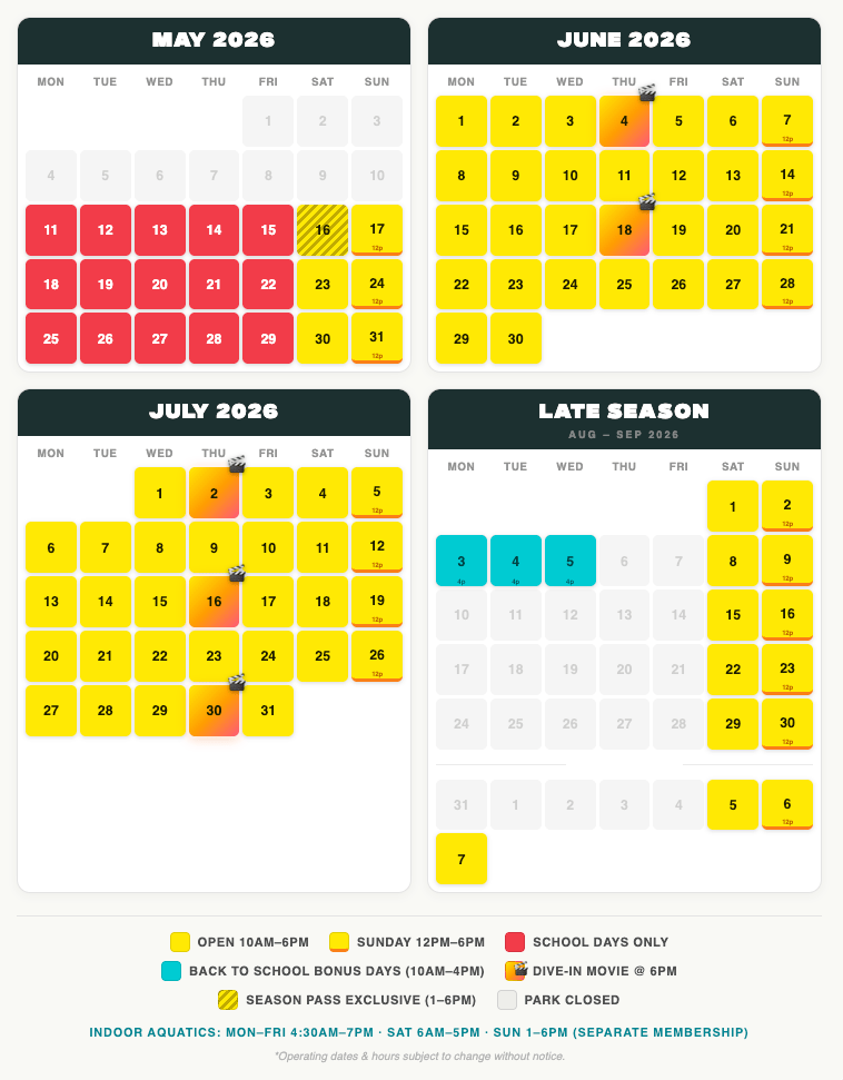 Monthly heatmap calendar with red, yellow, and white date blocks for May–late season 2026.