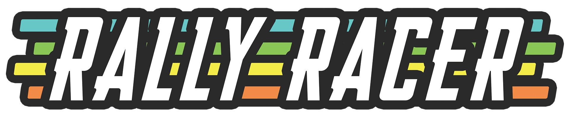 Rally Racer logo in bold white, gray, yellow, and green block letters on a black background