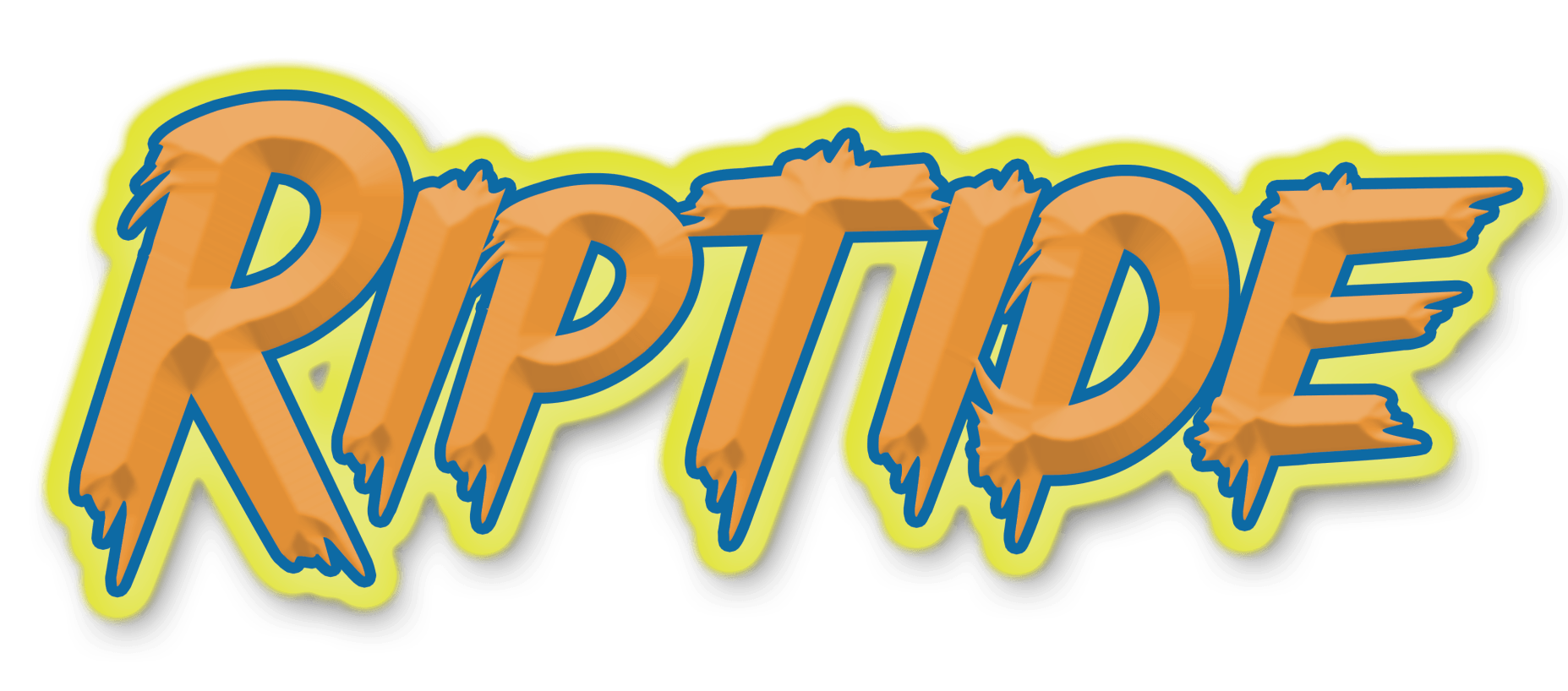 Stylized orange-and-blue “RIPTIDE” text with a bold yellow outline and drop shadow